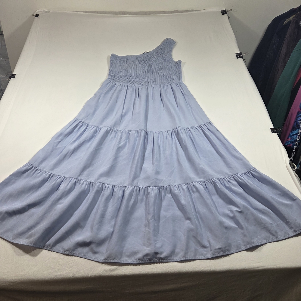 One Shoulder Smocked One-Shoulder Tiered Midi Dress Light Blue Feminine Summer - Picture 13 of 13
